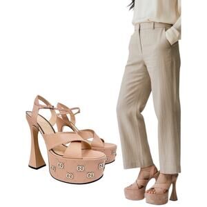 New Gucci Interlocking GG Studded Platfrom Sandals Leather Pink Size 42